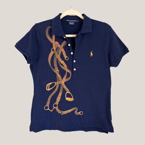 Women's Vintage Polo Ralph Lauren Sport Navy Blue Equestrian Bridle Print Polo